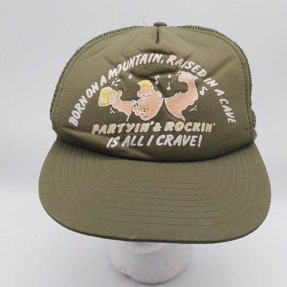 San Sun Olive Foam Hat Partyin & Rocking Snapback Hillbilly Drinking Vintage - Picture 1 of 8